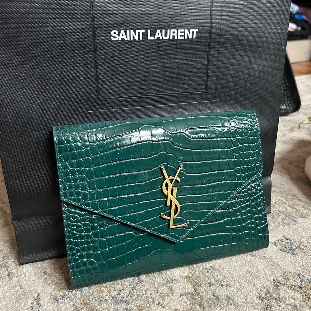 YSL Saint Laurent Green Croc-Embossed Clutch